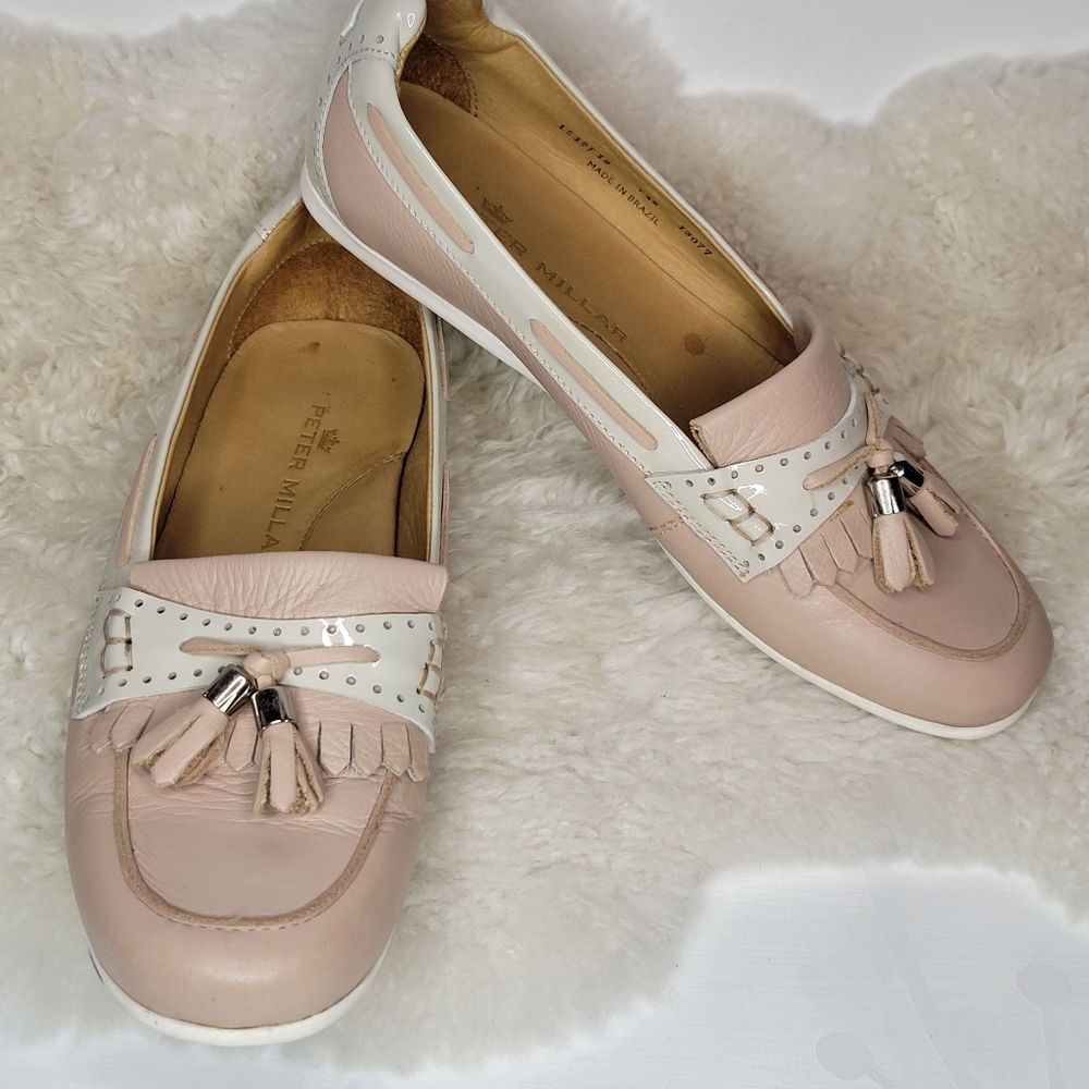 Peter Millar Beige Cream Leather Driving Loafers Mocs w/Tassels Flats Shoes 7.5